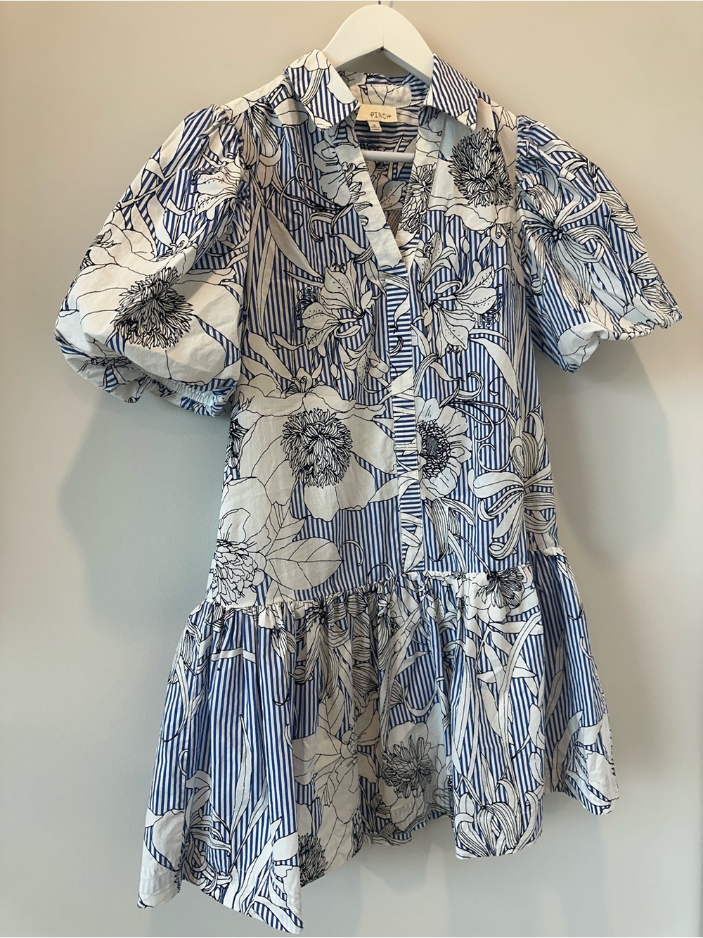 Pinch Riveria Blue White Ruffle Puff Sleeve Cotton Summer Mini Dress Size Small - Picture 14 of 16